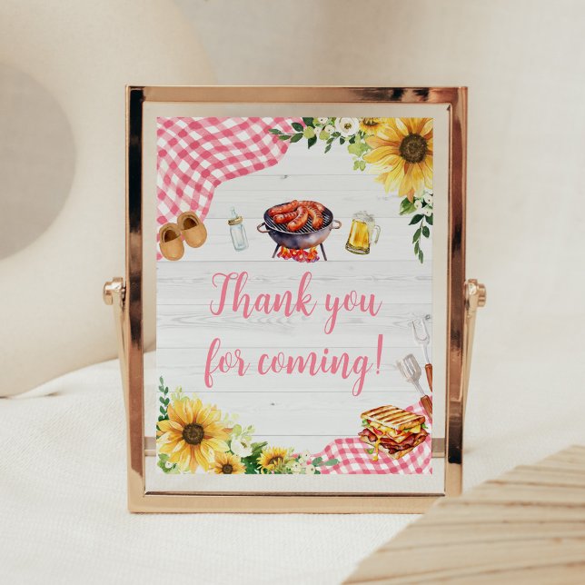 Póster Pink Sunflower BQ Gracias por venir (Baby- Q Backyard Baby Shower Thank you for Coming Sign)