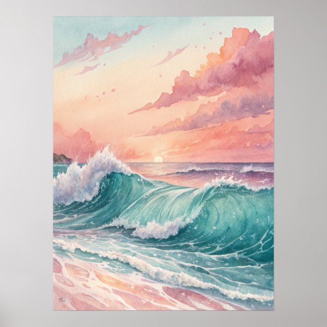 Póster Pink Sunset Ocean Waves (Frente)