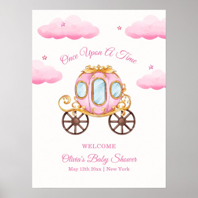Póster Pink Sweet Princess Carriage Baby Shower Welcome (Frente)