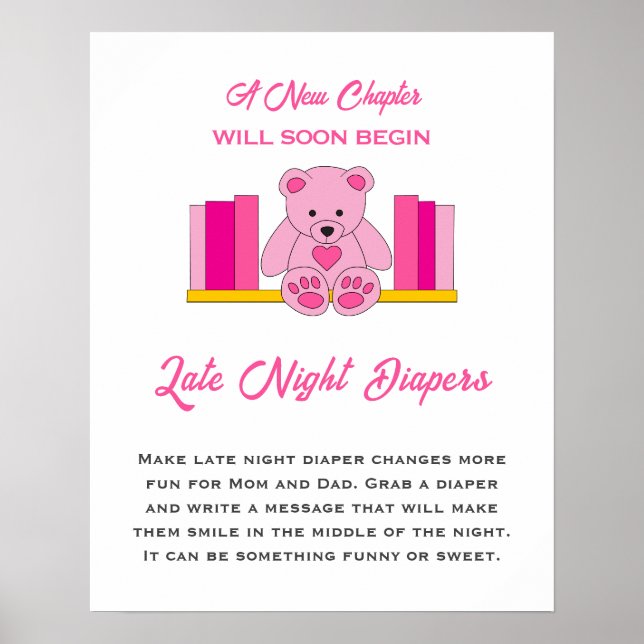 Póster Pink Teddy Bear Baby Shower Tarde Noche Diapers (Frente)