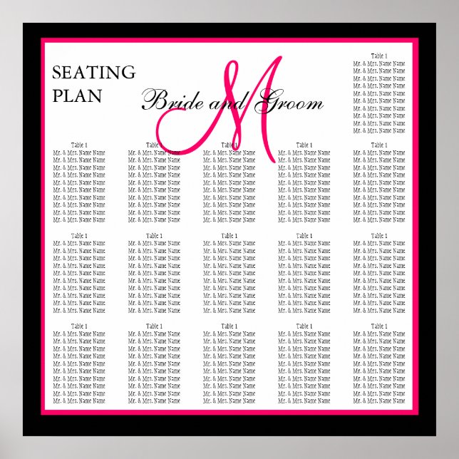 Póster Pink Template Monogram Wedding Seating Chart (Frente)