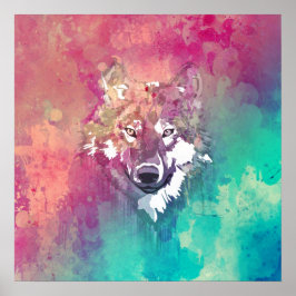 Póster Pink Turquoise Watercolor Artistic Abstract Wolf