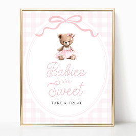 Póster Pink Tutu Teddy Bear Baby Shower Sweets Table Sign