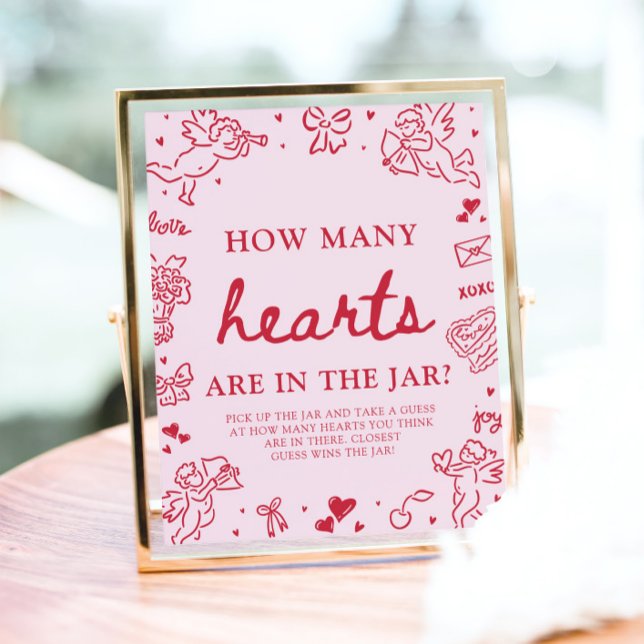 Póster Pink Valentine Guess How Many Hearts Baby Shower  (Pink Valentine Guess How Many Hearts Baby Shower Game Sign)