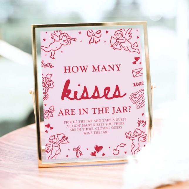 Póster Pink Valentine Guess How Many Kisses Baby Shower  (Pink Valentine Guess How Many Kisses Baby Shower Game Sign)