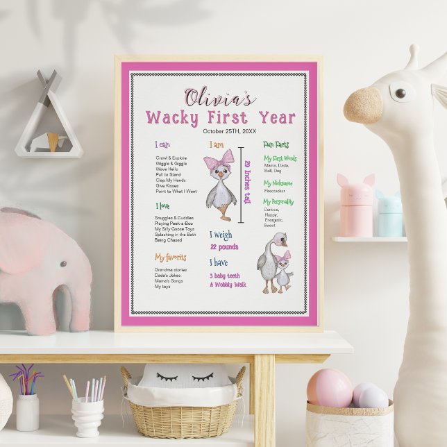 Póster Pink Whimsical Goose Birday Milestone Board (Pink Whimsical Goose Birthday Milestone Board Poster)