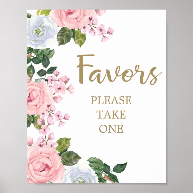 Póster Pink White Floral Favors Baby Shower Poster (Frente)
