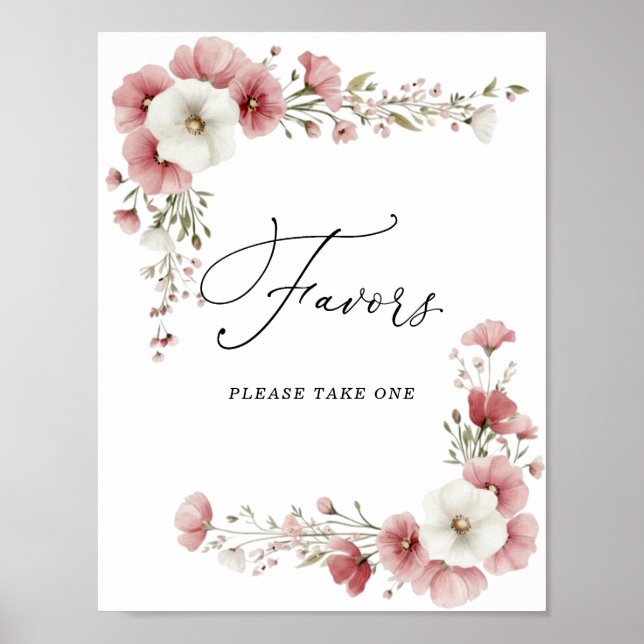 Póster Pink Wild Flowers Bridal Shower Favors Sign (Frente)
