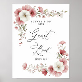 Póster Pink Wild Flowers Bridal Shower Guest Book Sign