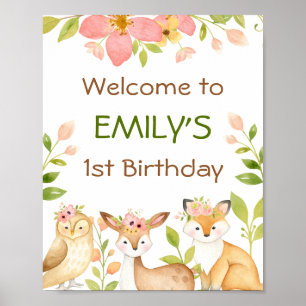Póster Pink Wild Woodland Animals Primer Poster de cumple