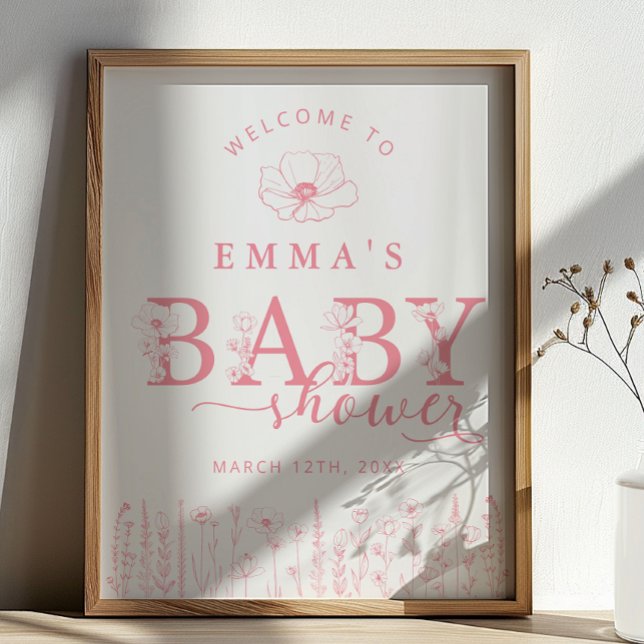 Póster Pink Wildflower Baby Shower Welcome Sign (Pink Baby Shower Welcome Sign)