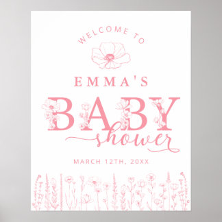 Póster Pink Wildflower Baby Shower Welcome Sign
