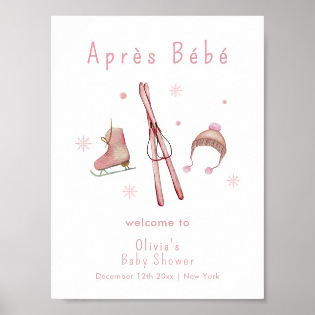 Póster Pink Winter Après Bébé Ski Baby Shower Welcome (Frente)