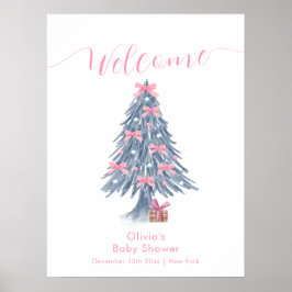 Póster Pink Winter Bow Christmas Tree Baby Shower Welcome