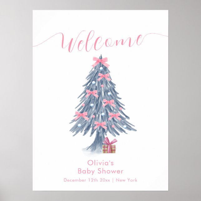 Póster Pink Winter Bow Christmas Tree Baby Shower Welcome (Frente)
