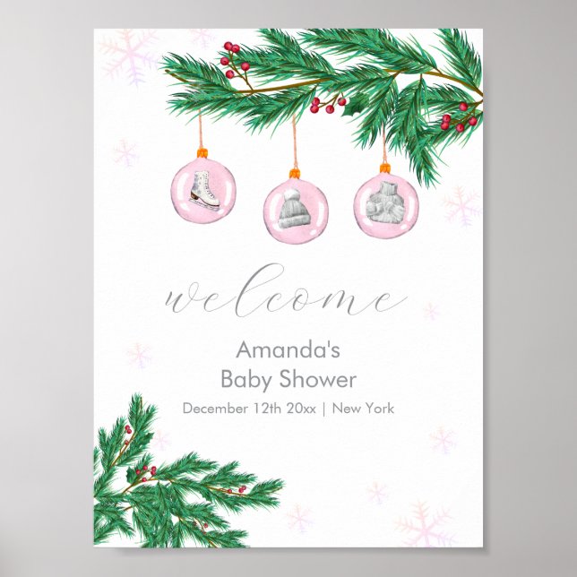 Póster Pink Winter Clothes Ornaments Baby Shower Welcome  (Frente)