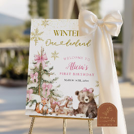 Póster Pink winter onederland woodland welcome sign