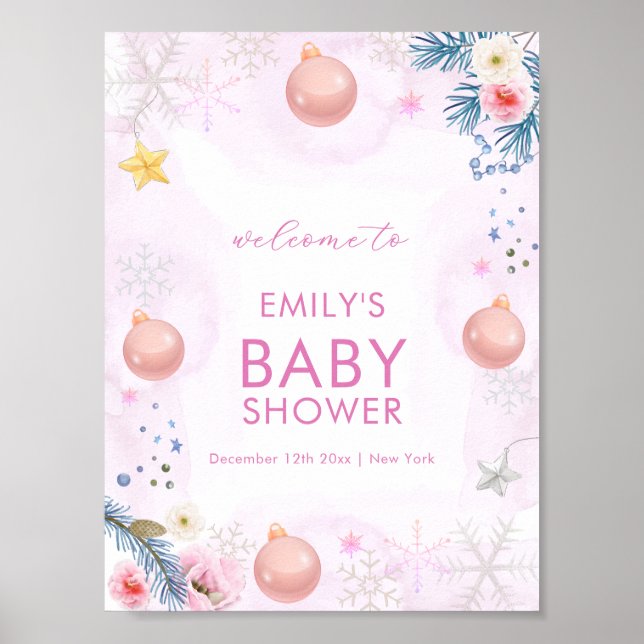 Póster Pink Winter Snowflake Floral Baby Shower Welcome  (Frente)