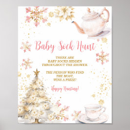 Póster Pink Winter Tea Party Baby Shower Baby Sock Hunt