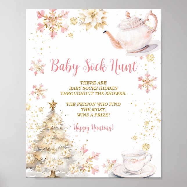 Póster Pink Winter Tea Party Baby Shower Baby Sock Hunt (Frente)