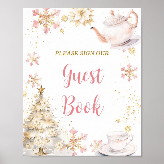 Póster Pink Winter Tea Party Baby Shower Guest Book (Frente)