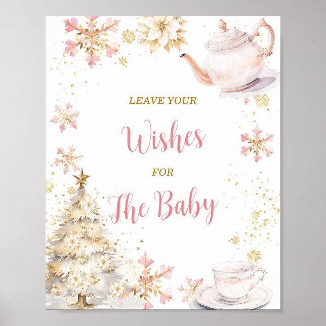 Póster Pink Winter Tea Party Baby Shower Leave Your Wish (Frente)