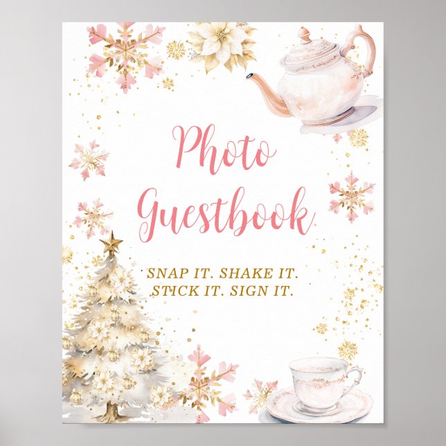 Póster Pink Winter Tea Party Baby Shower Photo Guestbook (Frente)