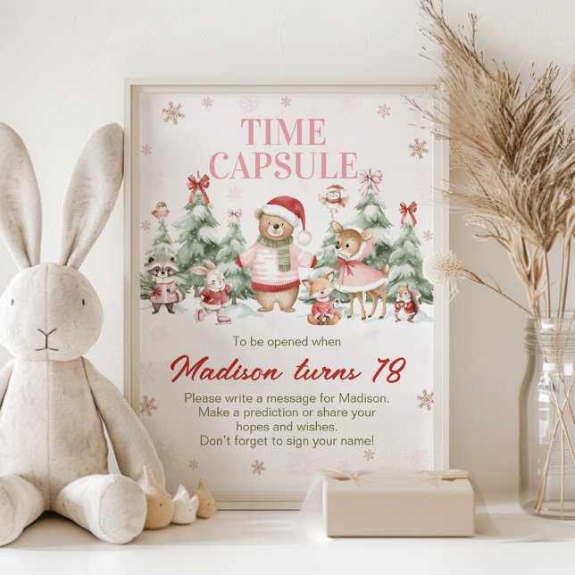 Póster Pink Winter Woodland Birthday Time Capsule Sign (Subido por el creador)