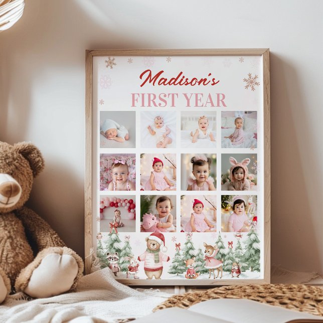 Póster Pink Winter Woodland First Year Photo Milestone (Subido por el creador)