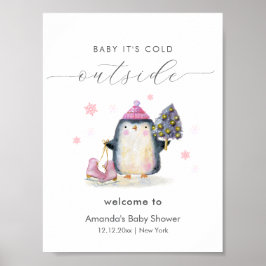 Póster Pink Winter Woodland Penguin Baby Shower Welcome