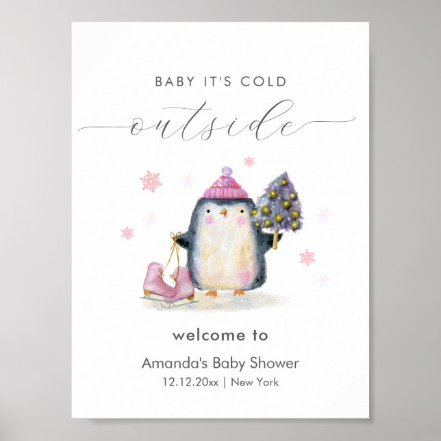 Póster Pink Winter Woodland Penguin Baby Shower Welcome (Frente)