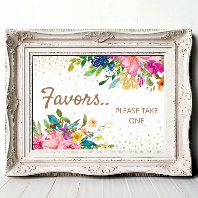 Póster Pink Yellow Blue Floral Gold Baby Shower Favors (Pink, blue, and yellow watercolor floral and gold glitter baby shower party favors sign)