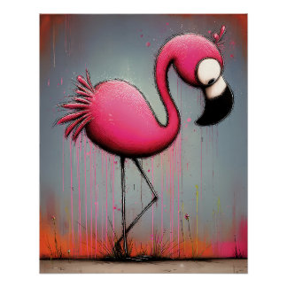 Póster pinker Flamingo mit großen Augen - Cartoon Stil