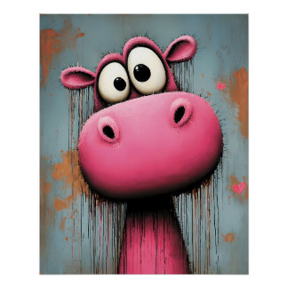 Póster pinkes Nilpferd im Cartoon Comic Stil
