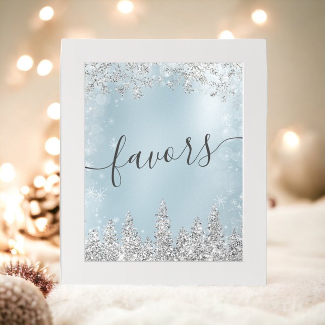Póster Pino de nieve azul de hielo de plata favorece la d (Silver ice blue snow pine favors bridal shower poster)
