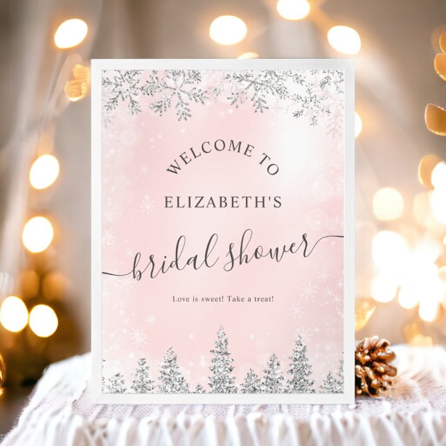 Póster Pino de nieve rosa ruidoso dorado bienvenida ducha (Silver blush pink snow pine welcome bridal shower poster)