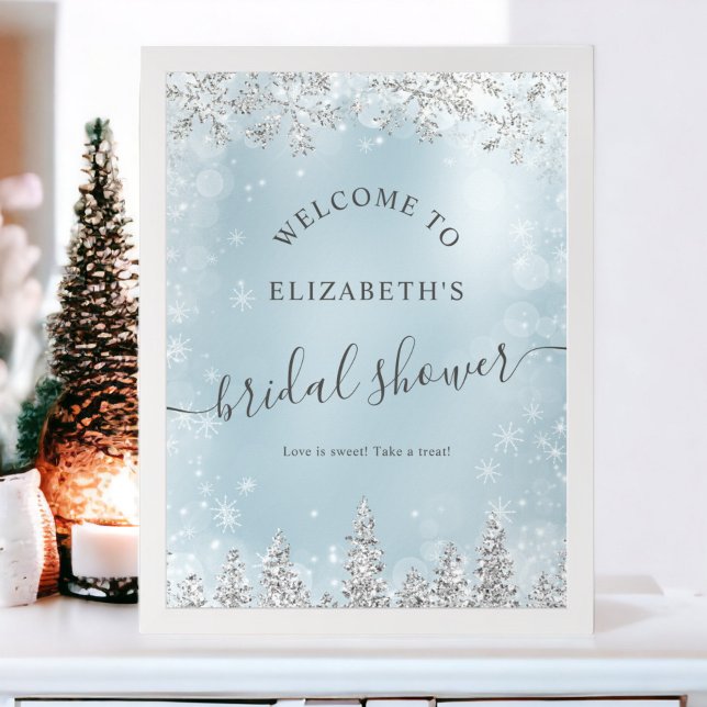 Póster Pino de pino azul de nieve de plata ducha de novia (Silver ice blue snow pine welcome bridal shower poster)