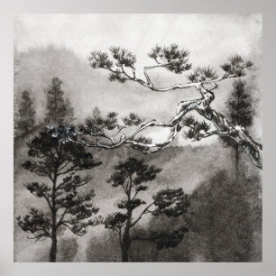Póster Pino japonés Sumi-e brumoso Pintado a mano con tin