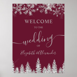 Póster Pino nevado plateado boda de Navidad de invierno r