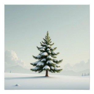Póster Pino solitario en la nieve – Naturaleza invernal s