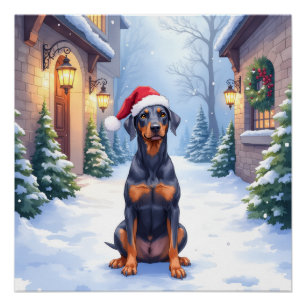 Póster Pinscher Alemán Gorro de Santa Patio Nevado