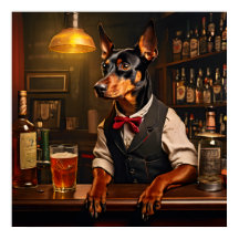Pinscher Bartender, alemán, en un pub vintage