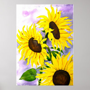 Póster pintado a mano 3 girasoles amarillo acuarela
