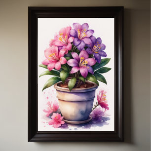 Póster Pintado acuarela de Azalea en Pot Purple III