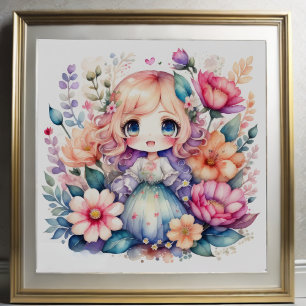 Póster Pintado acuarela de Floral Kawaii Chibi 1:1