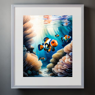 Póster Pintado acuarela de peces payasos