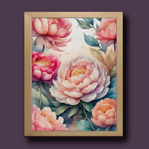 Póster Pintado acuarela de peonías rosadas III