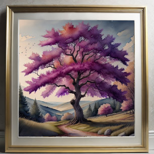 Póster Pintado acuarela de un gran árbol de hojas púrpura
