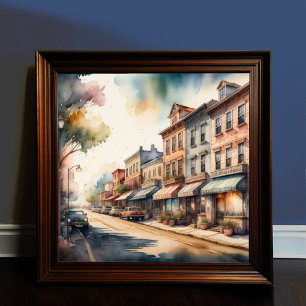 Póster Pintado acuático de la antigua calle de pueblo peq