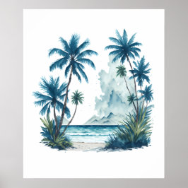 Póster Pintado acuático de una playa con palmeras